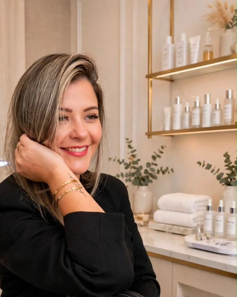 Amanda Farias sorrindo no seu estúdio, com a mão no rosto, ao lado de prateleiras douradas com produtos.