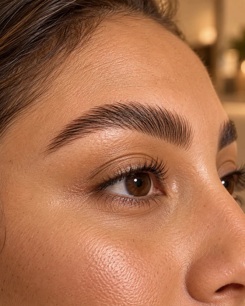 Sobrancelha com fios naturais alinhados e elevados após a Brow Lamination.